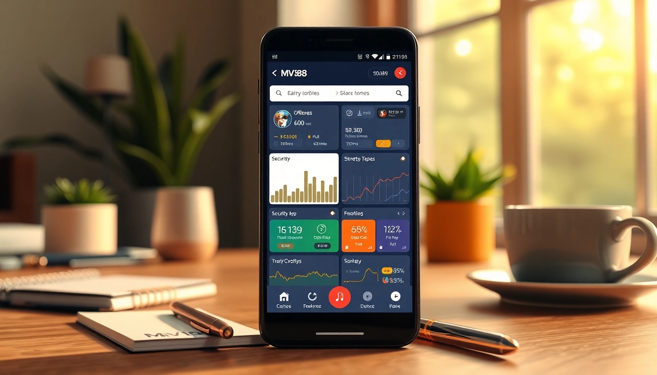 MV88 app interface displayed on a smartphone in a professional workspace.