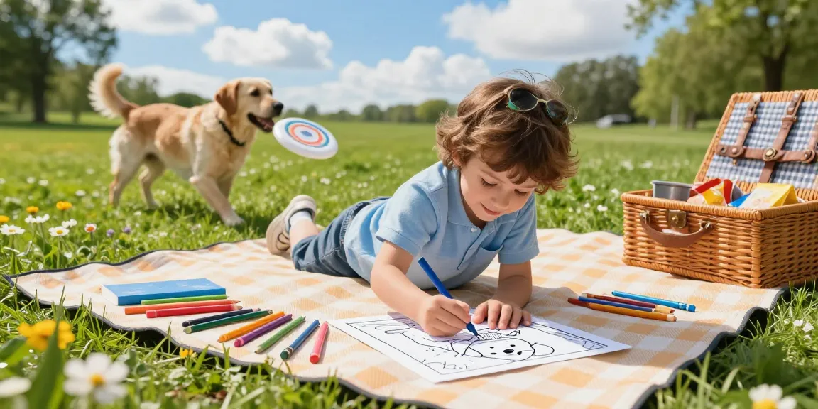 Educational coloring experience with a child and Labrador in a sunny park.