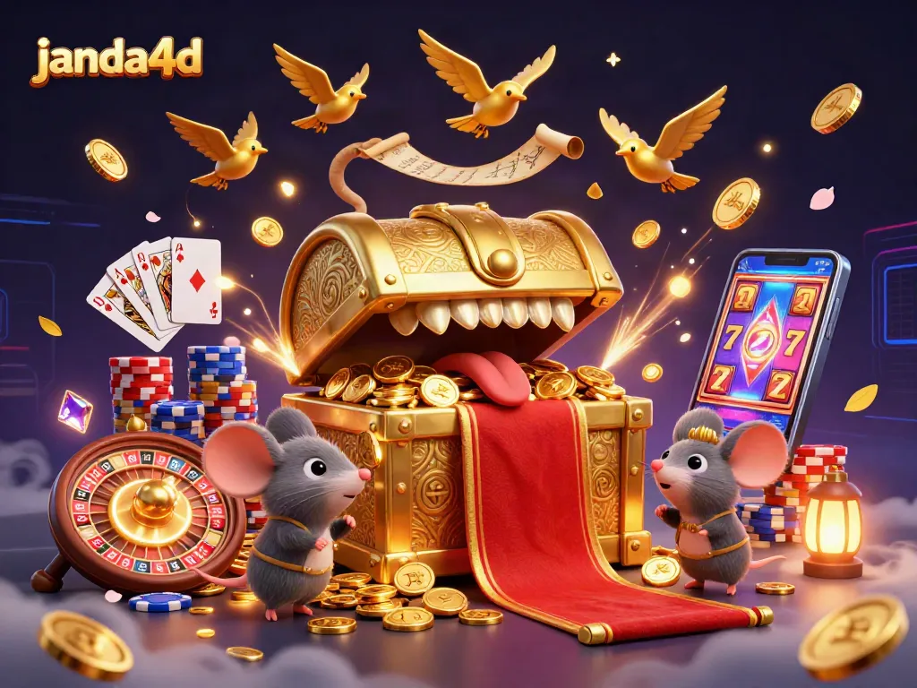 Visualisasi janda4d dengan peti harta karun dan koin emas, permainan kasino menarik!