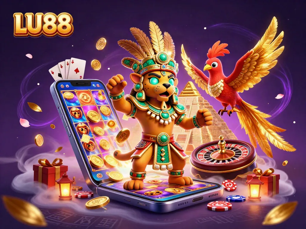 Experience thrilling wins at LU88 with vibrant slot games and exotic characters in a magical casino scene.