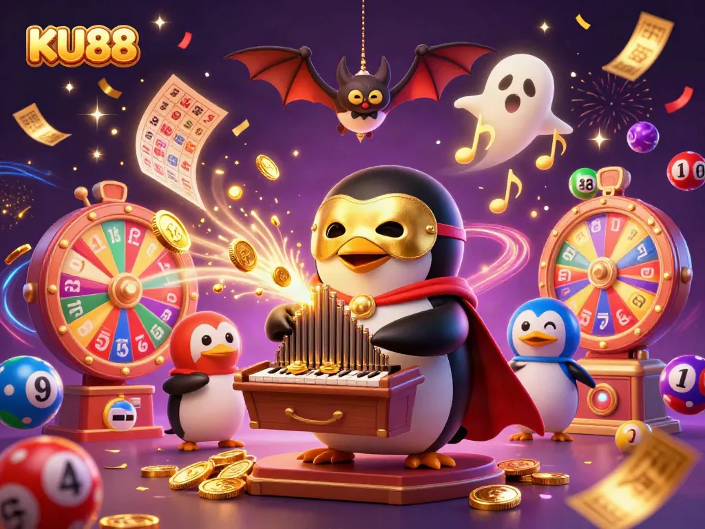 KU88 penguin playing organ showers golden coins amidst lottery balls and a festive backdrop