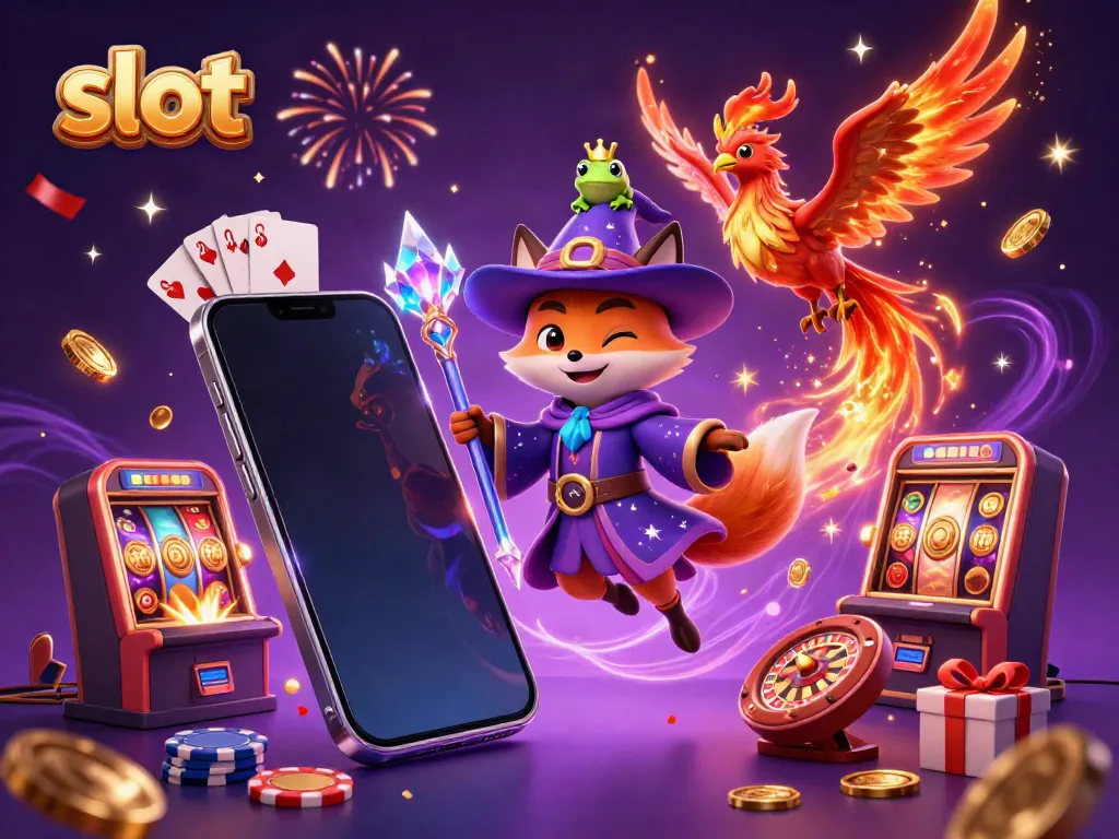 Pemain slot memutar mesin slot dengan simbol buah dan jackpot, dikelilingi harta magis.