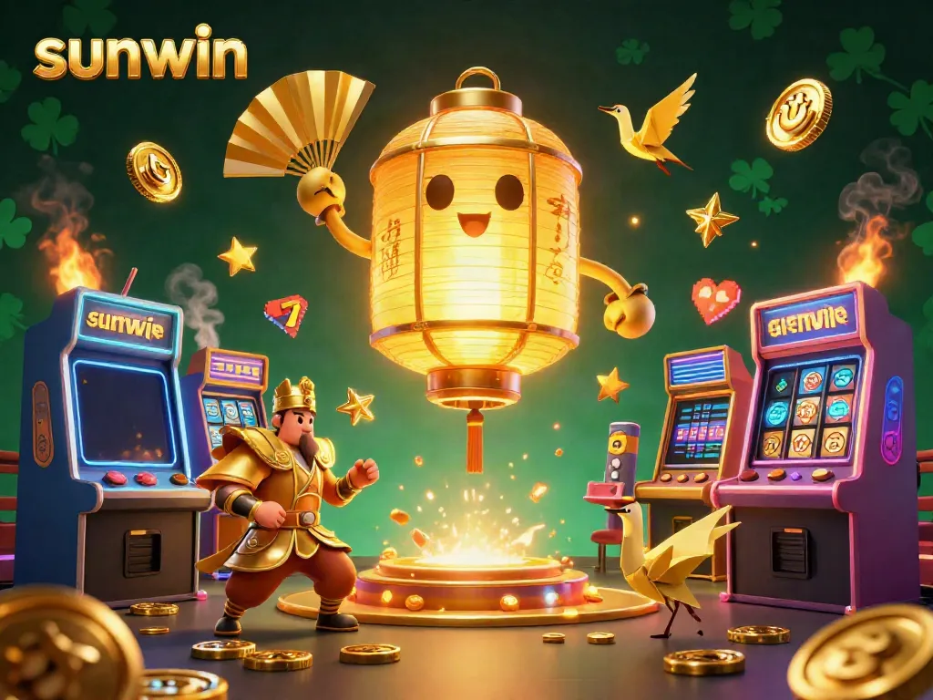 Experience the excitement of Sunwin with a vibrant 3D casino scene featuring lucky symbols and game elements.