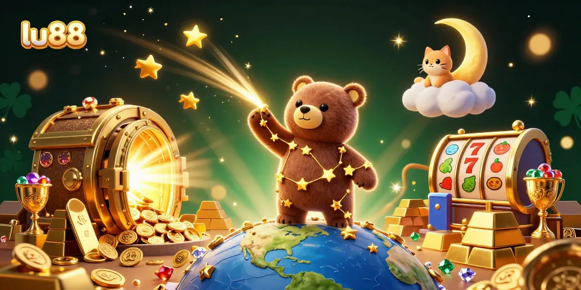 lu88 showcases a vibrant casino scene with characters and slot symbols, enticing players to win big.