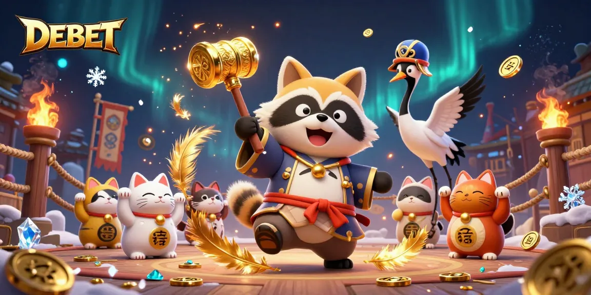 Engage with DEBET's vibrant casino scene featuring a cheerful tanuki, lucky mallet, and fortune cats.