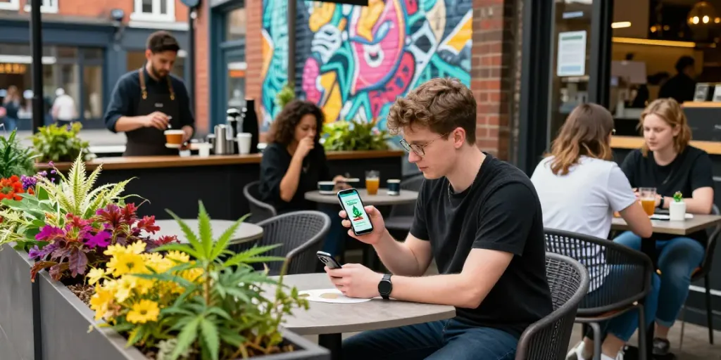 Order cannabis Wolverhampton in a trendy café setting, showcasing an urban lifestyle.