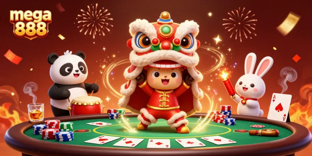 Engage with mega 888 as symbols and characters celebrate around a vibrant casino theme.