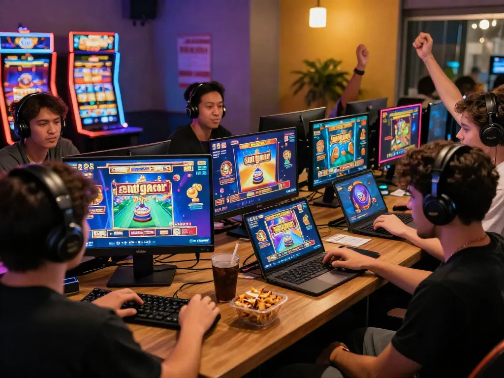 Engaged players exploring slot gacor games on digital devices in a vibrant gaming lounge atmosphere.