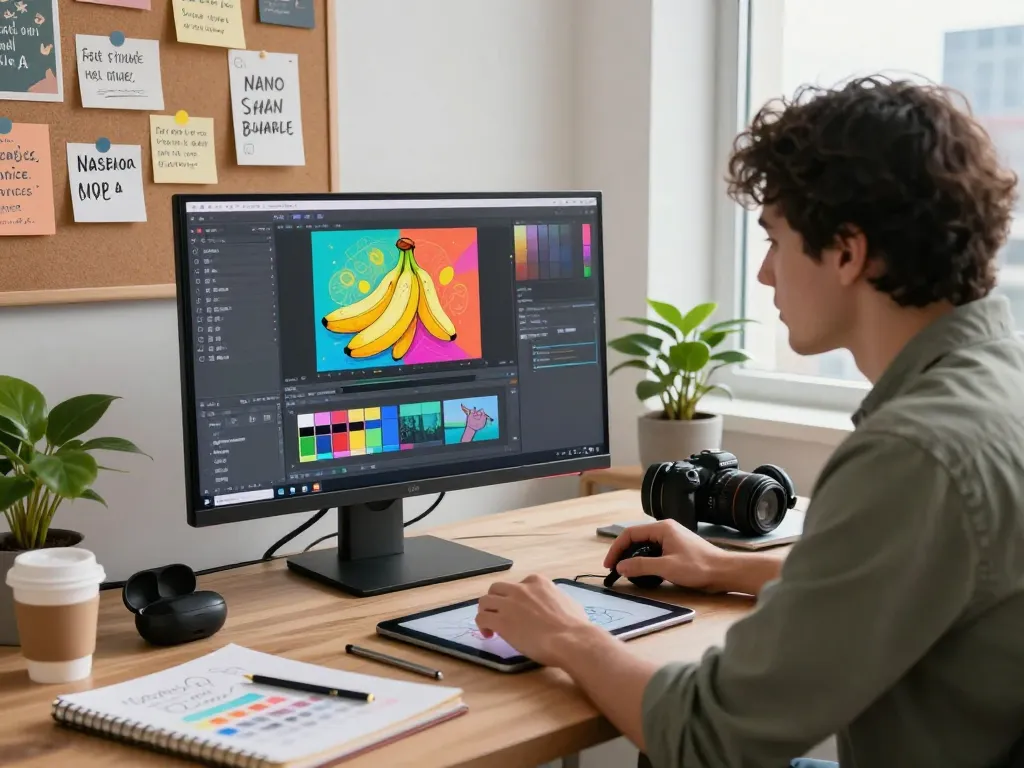 Digital creator using nano banana 2 AI image editor in a creative workspace with vibrant visuals on screen.