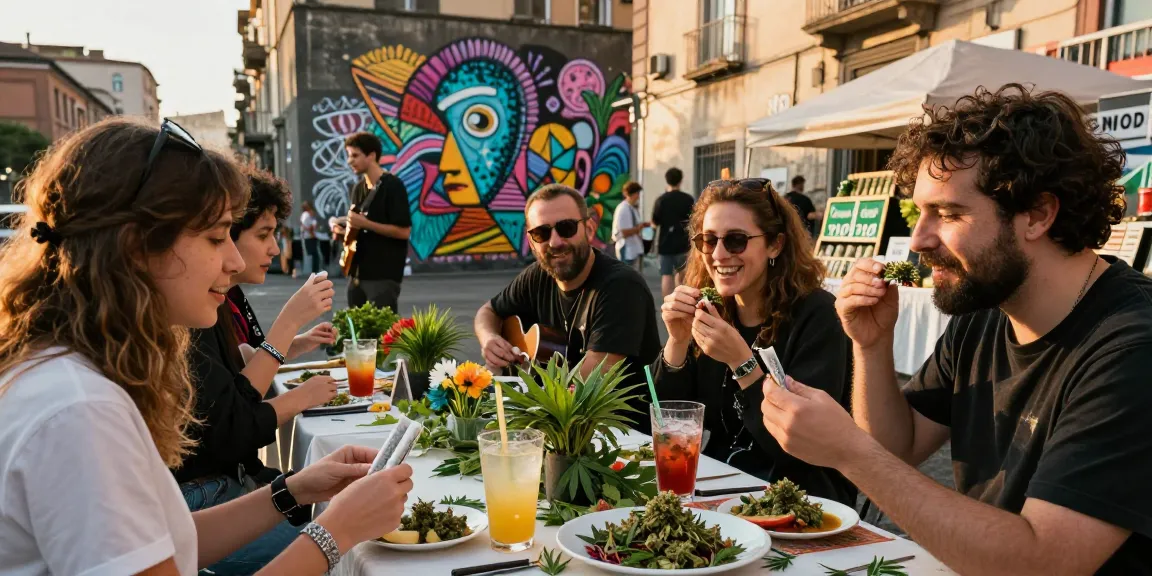 Group enjoying Napoli Weed in a vibrant Naples outdoor gathering with street art.