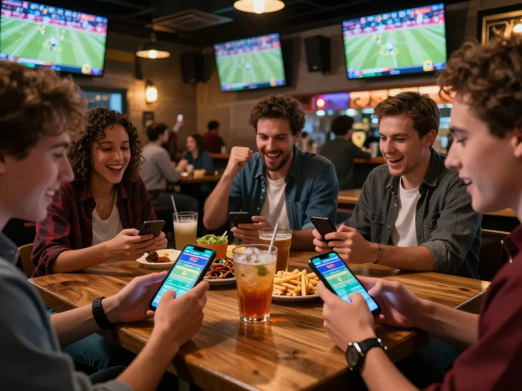 Penggemar melakukan taruhan toto menggunakan perangkat seluler di bar olahraga yang ramai selama malam pertandingan.