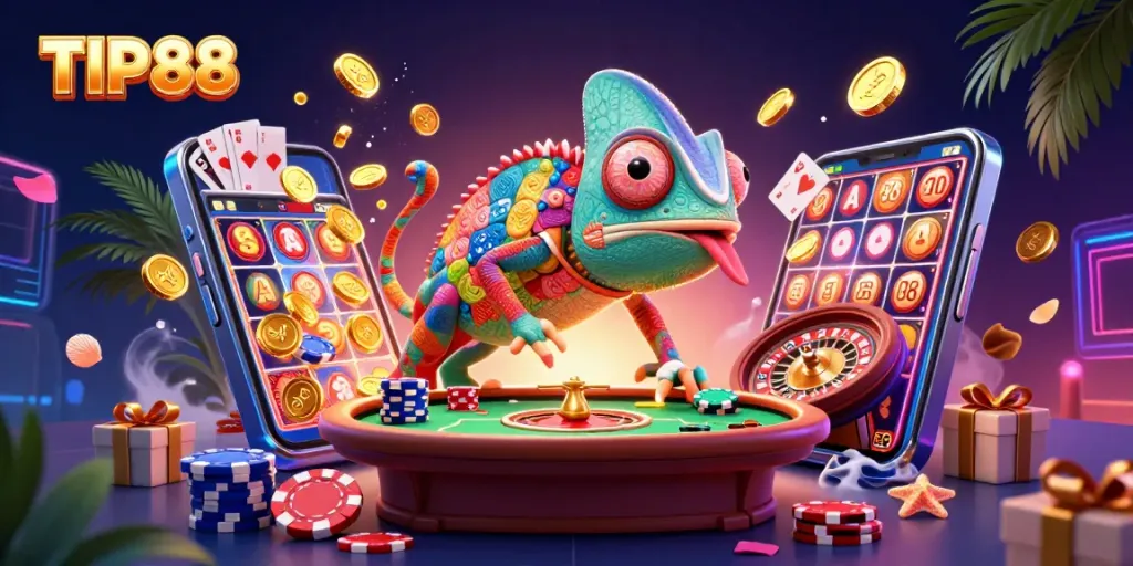 Engage with TIP88's thrilling casino world featuring a chameleon owner and dynamic gaming elements.