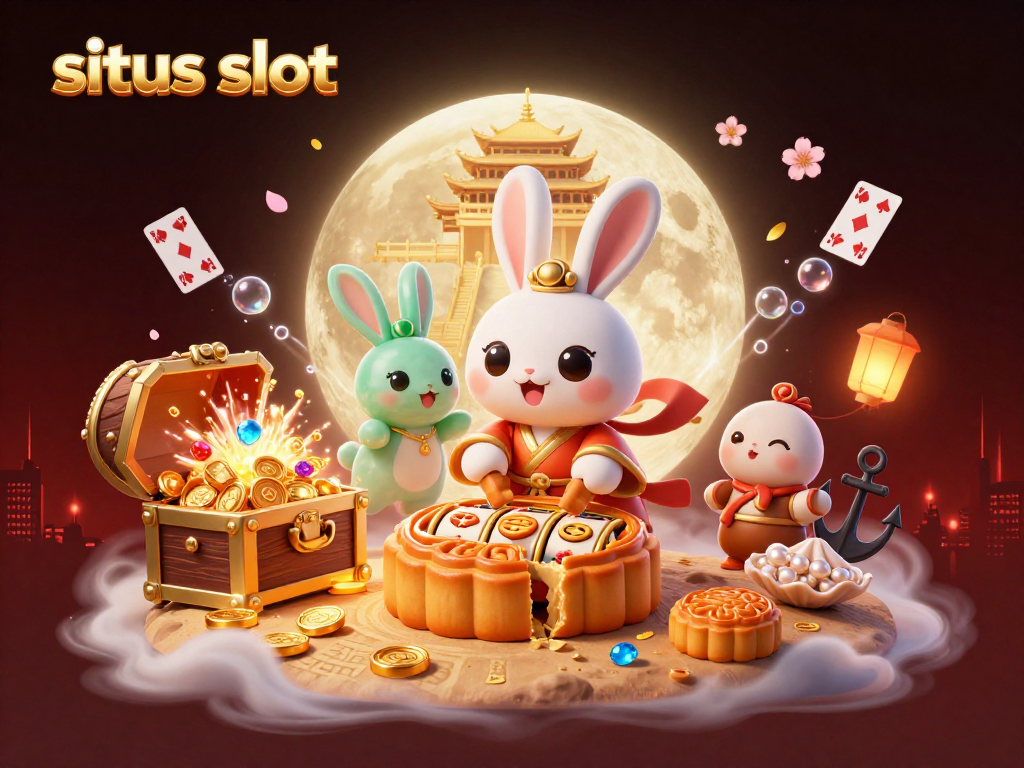 Experience situst slot with a vibrant 3D scene of a moon rabbit revealing slot reels amidst casino-themed elements.