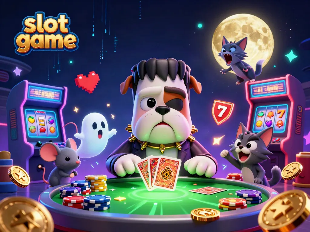 Engage with vibrant slot game symbols and playful characters in this thrilling casino scene.