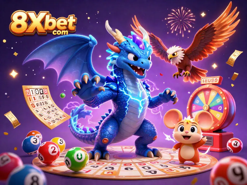 Engage in thrilling gaming with 8Xbet com as vibrant lottery elements and characters celebrate casino excitement.