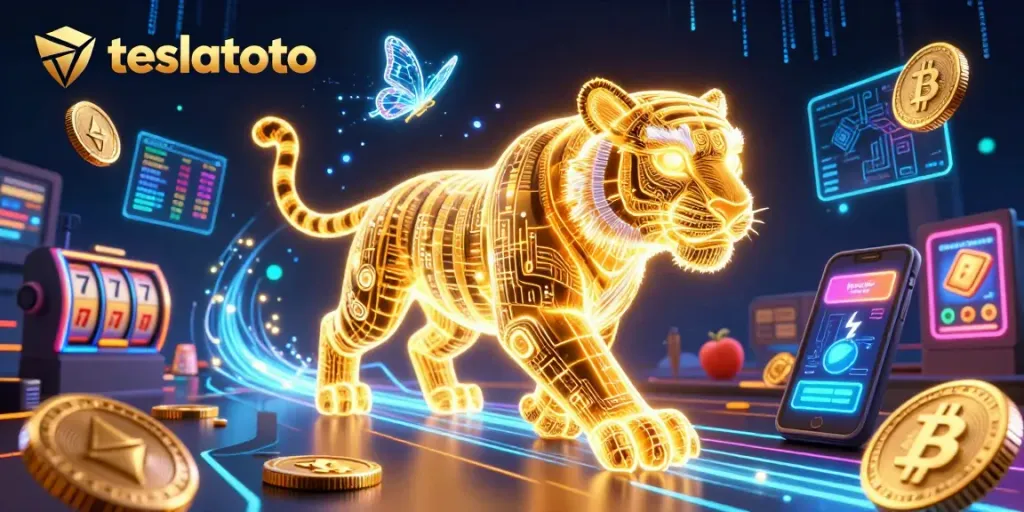 Experience teslatoto with a captivating 3D illustration of a casino, featuring glowing coins and digital elements.