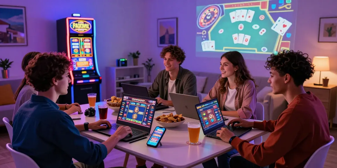 Groupe profitant d'une soirée de jeux de casino en ligne français avec des amis à la maison, avec des ordinateurs portables et des visuels de jeux captivants.