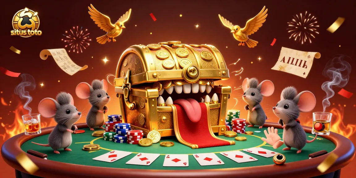 Experience situs toto gameplay with a mouse-themed treasure chest amid vibrant casino elements.