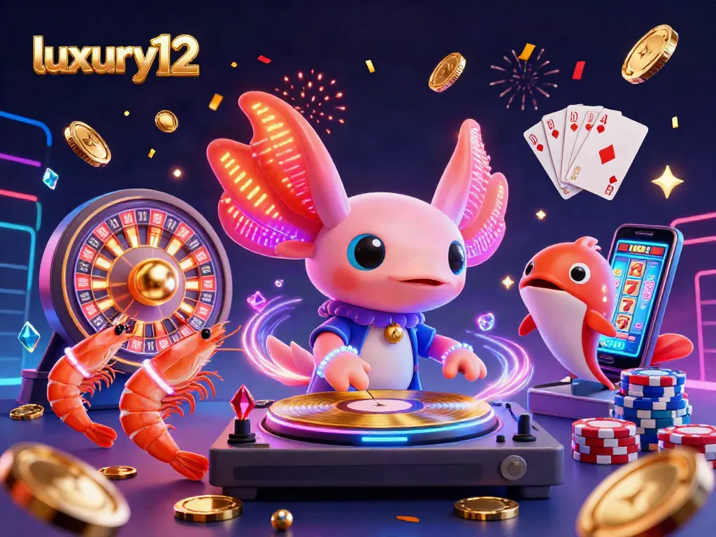 Experience the excitement at luxury12 with a colorful 3D scene featuring an axolotl DJ, sparkly game elements, and more!