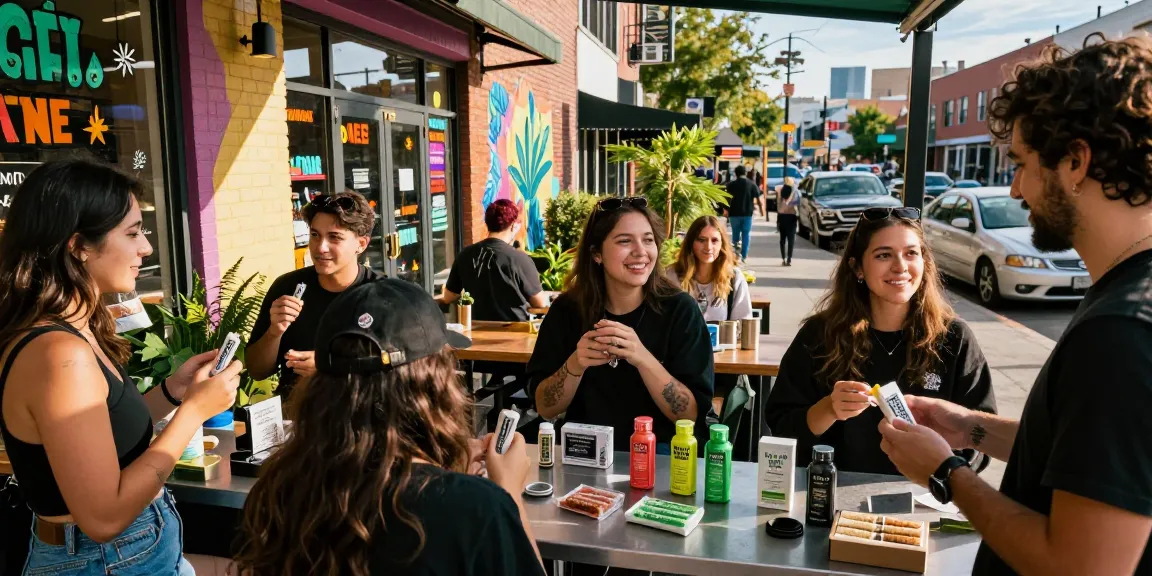 Group of young adults enjoying Muha Med cannabis products in a vibrant urban marketplace.