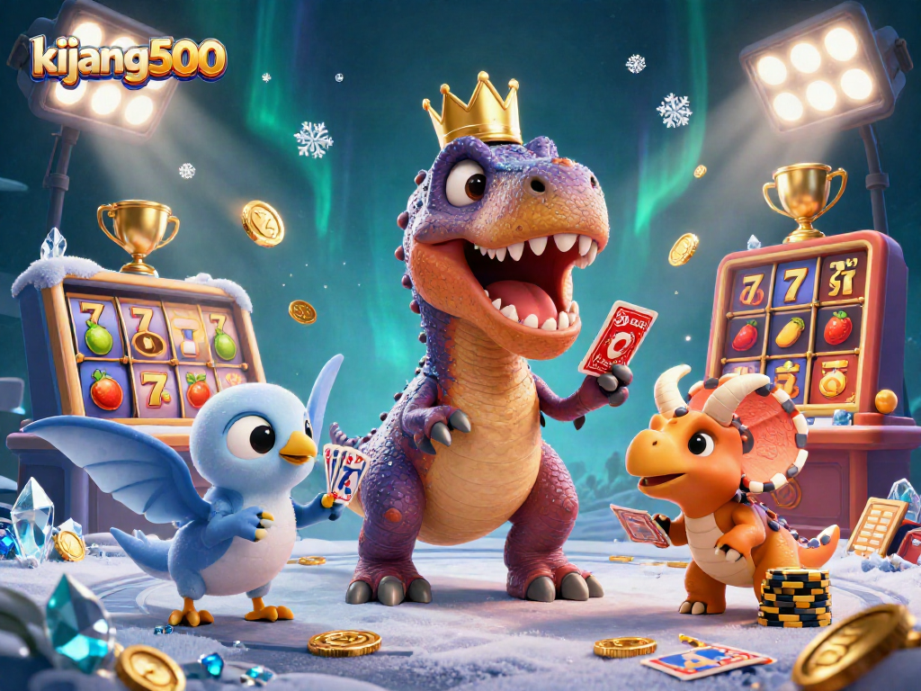 Engage with kijang500 in an exciting 3D casino scene filled with slot themes and vibrant characters.