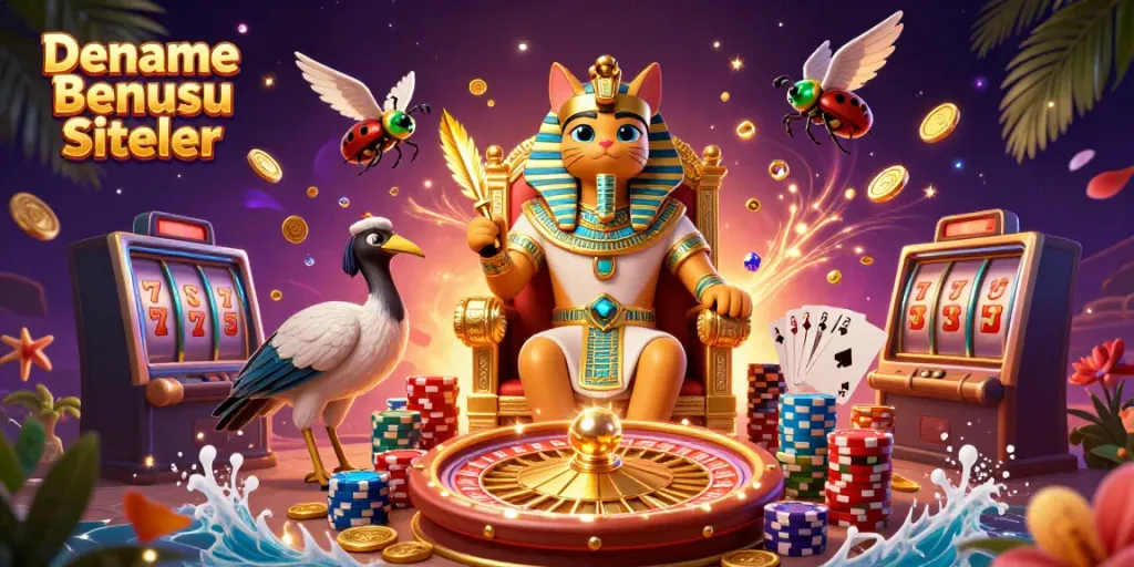 Experience Deneme Bonusu Veren Siteler with a vibrant 3D scene featuring a pharaoh cat and casino elements.