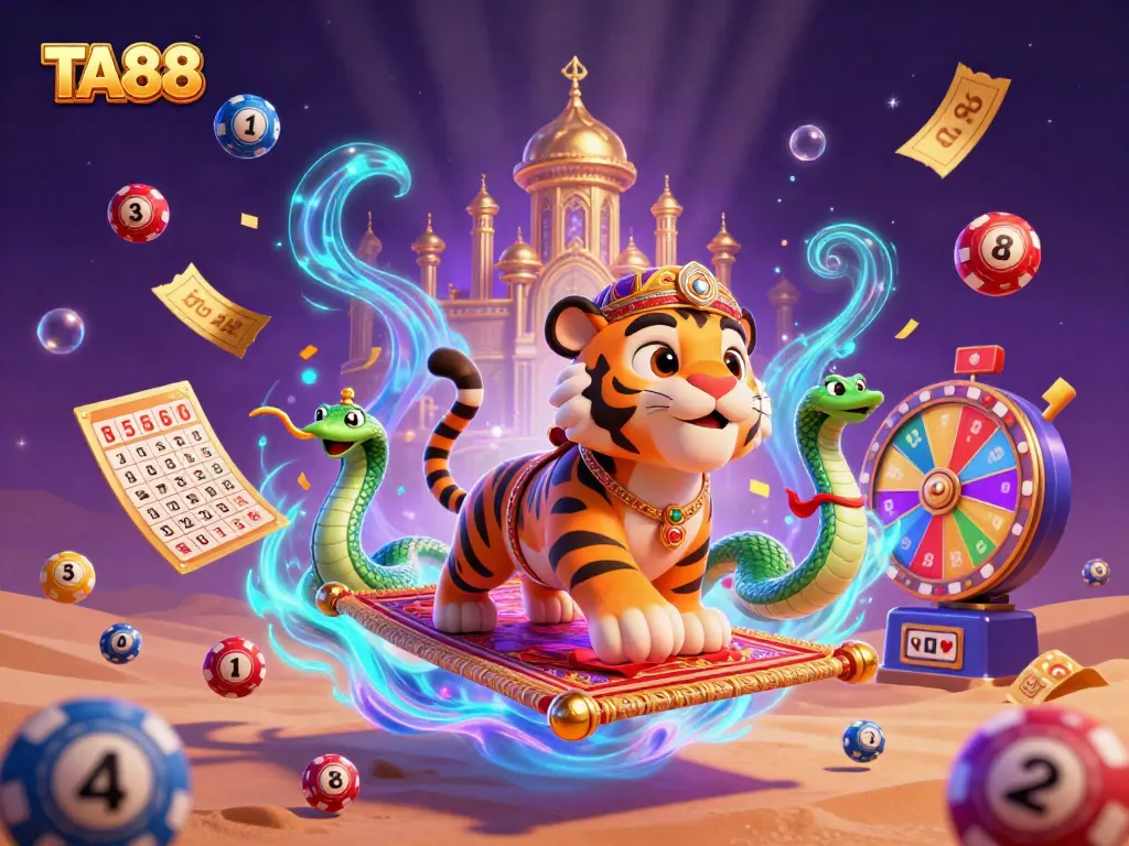 Win big with TA88 in this vibrant casino illustration featuring a tiger sultan and magical elements.