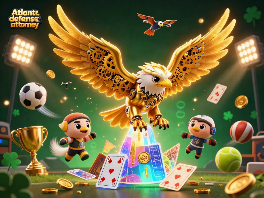 Engage with top Atlanta defense attorney amid dynamic gambling symbols and sports elements in an energetic scene.