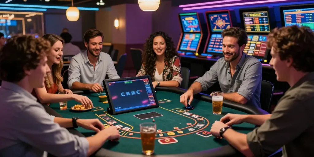 Exciting atmosphere at Hi88 online casino with friends enjoying gaming.