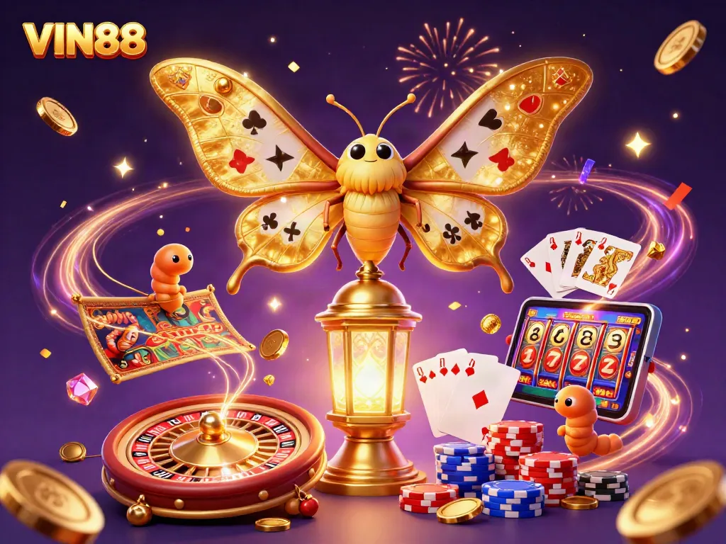 Engage with VIN88's vibrant casino experience, featuring gold coins, roulette, and a majestic moth.