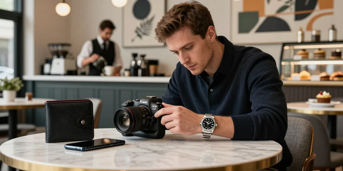 Detailed replica watch showcased on a stylish café table with high-end accessories.