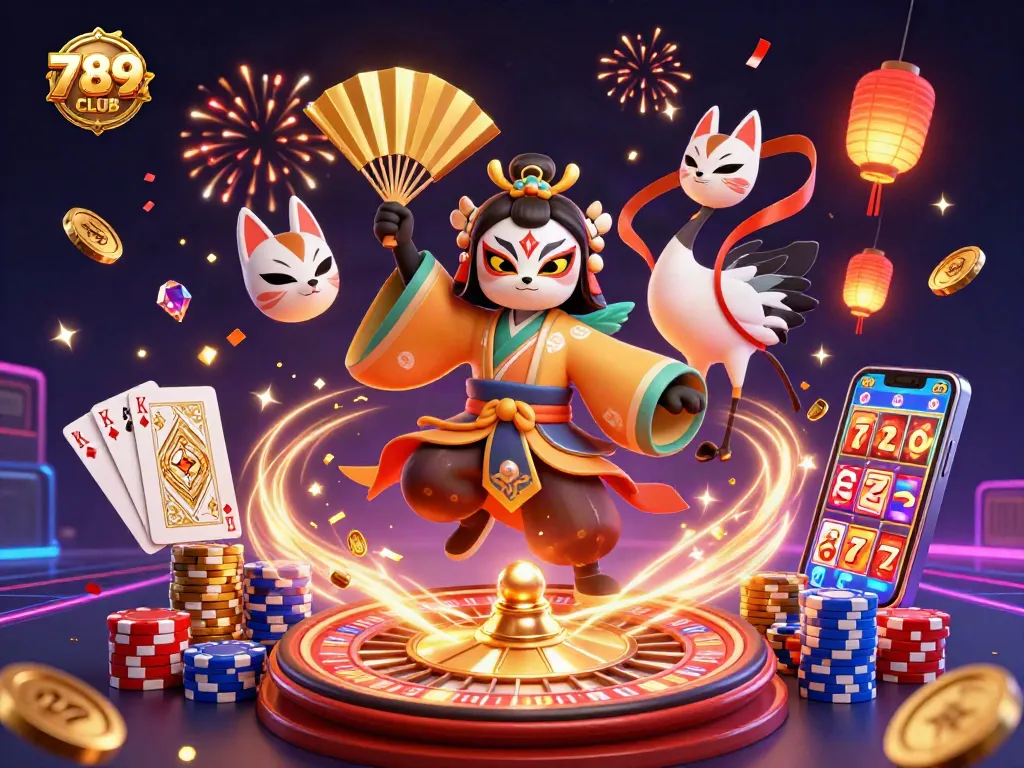 Engage with the vibrant 789CLUB gaming universe featuring kabuki warriors and dazzling casino elements.