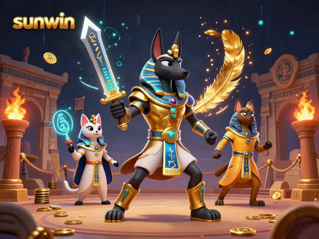 Experience thrilling gaming with sunwin featuring Anubis and Bastet in an Egyptian-themed casino arena.