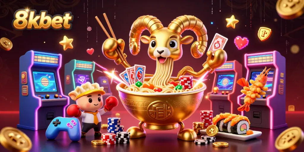 8xbet's dynamic 3D cartoon casino scene showcases a golden ramen bowl dealer amid vibrant game elements.
