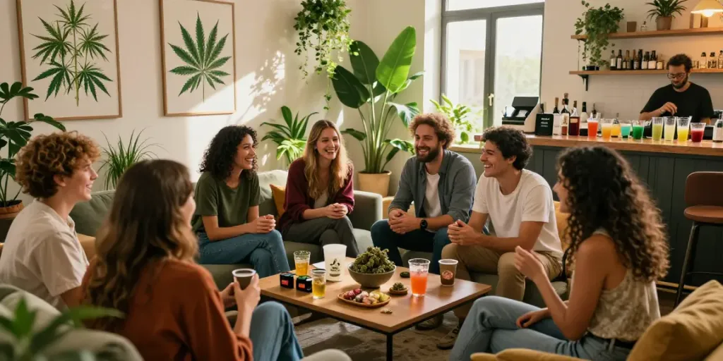 Cannabis-clubs-near community gathering in vibrant social club, showcasing CBD-infused drinks, lively atmosphere, and relaxed enjoyment.