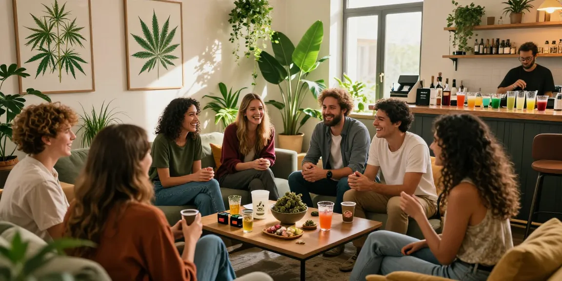 Cannabis-clubs-near community gathering in vibrant social club, showcasing CBD-infused drinks, lively atmosphere, and relaxed enjoyment.