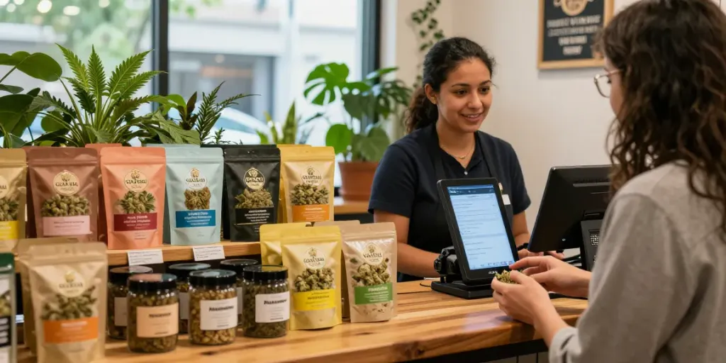 Gold Seal flavored hash varieties displayed in a cannabis store with staff assisting customers, showcasing cheebas hash options.