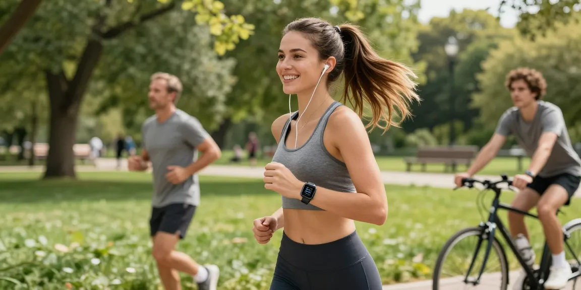Fitbit Luxe dalam aksi: wanita berlari di taman menikmati teknologi wearable sehat di https://www.polarfitbitshop.com/fitbit-luxe/.