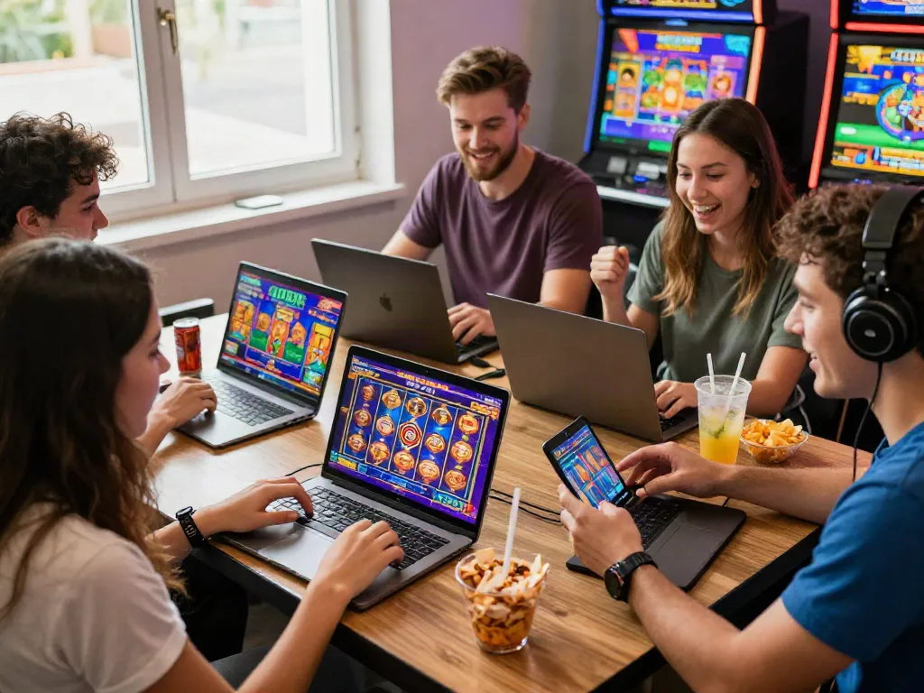 Pengalaman bermain situs slot gacor secara online dengan teman, suasana ceria, pemain menikmati game