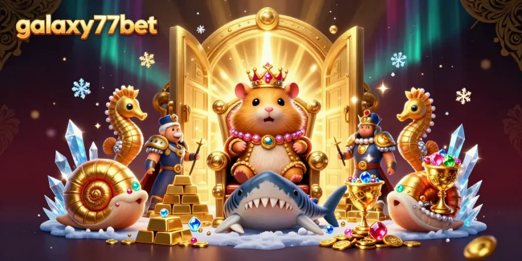 Experience thrilling wins at galaxy77bet with a golden hamster king on a megalodon throne amidst treasures!