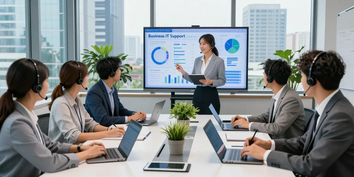 Team of IT professionals discussing business IT support services in a modern office environment, showcasing collaboration.