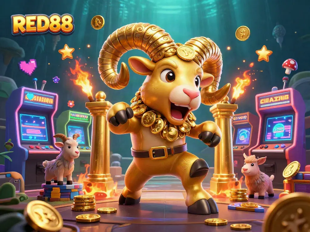 Experience exciting gaming with RED88's golden ram and vibrant arcade elements.