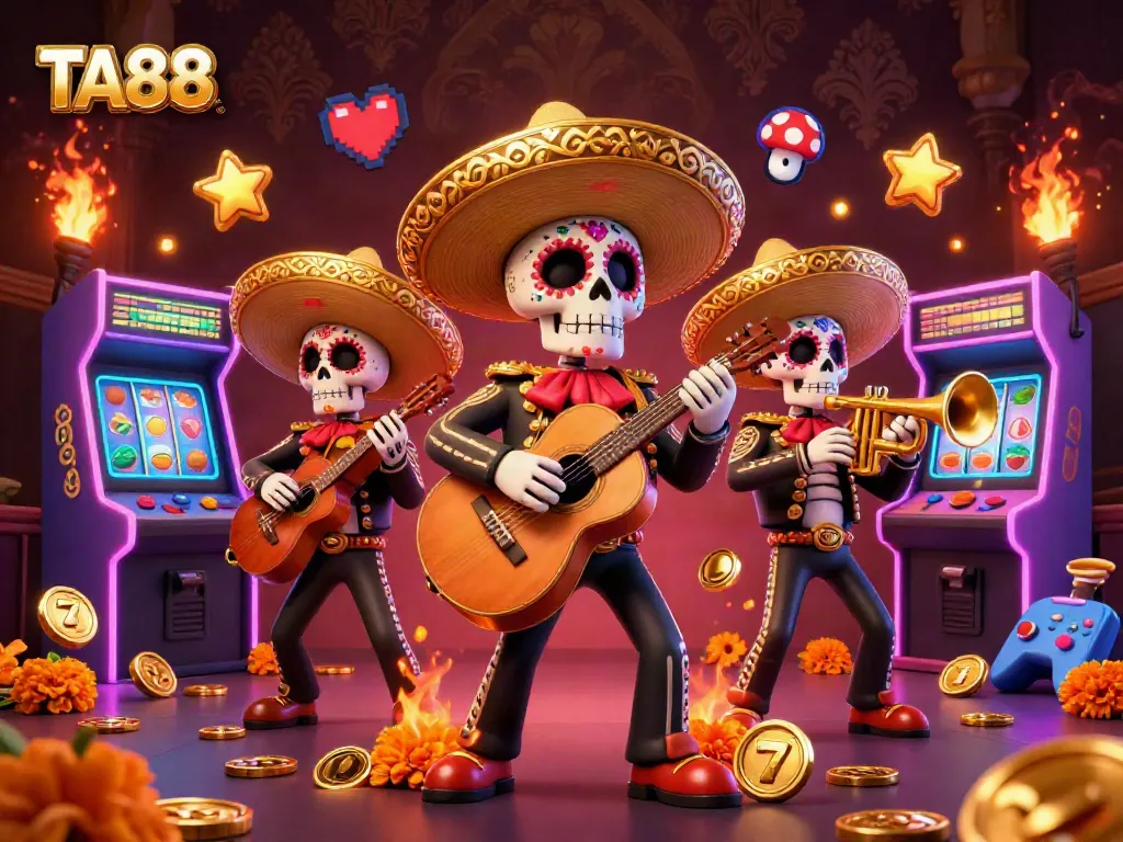 Experience big wins at TA88 with a vibrant 3D illustration featuring a mariachi band amidst retro casino elements.