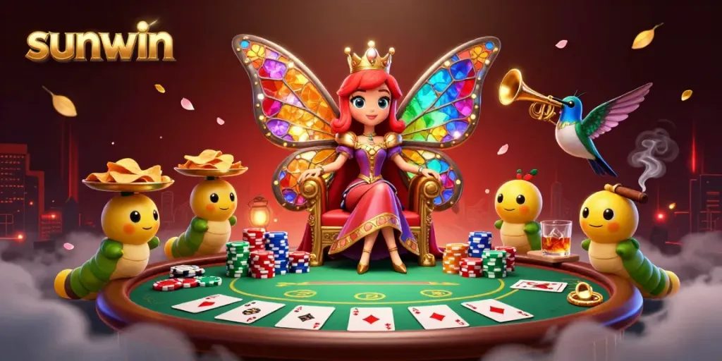 Experience the excitement of Sunwin's vibrant casino scene with a colorful butterfly queen and poker elements.