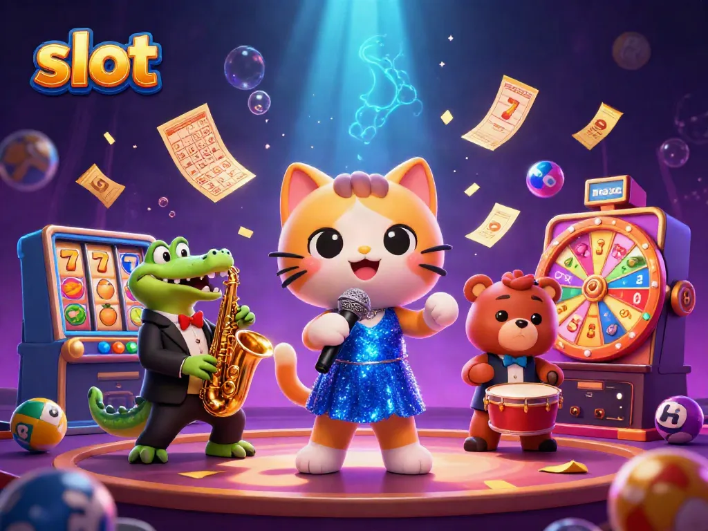 Slot yang seru dengan karakter ceria menyanyikan lagu sambil dikelilingi simbol jackpot dan tiket emas.