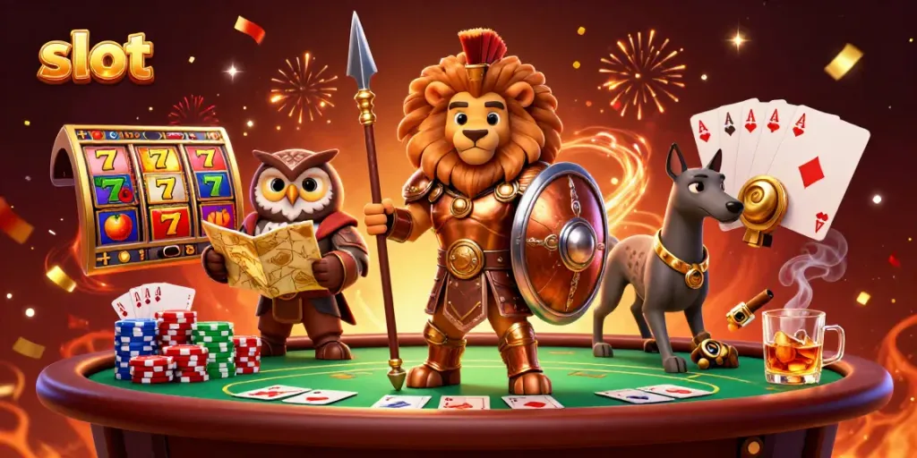 Menangkan hadiah slot dengan keberuntungan, dikelilingi simbol kemenangan dan gaya glamor judi.