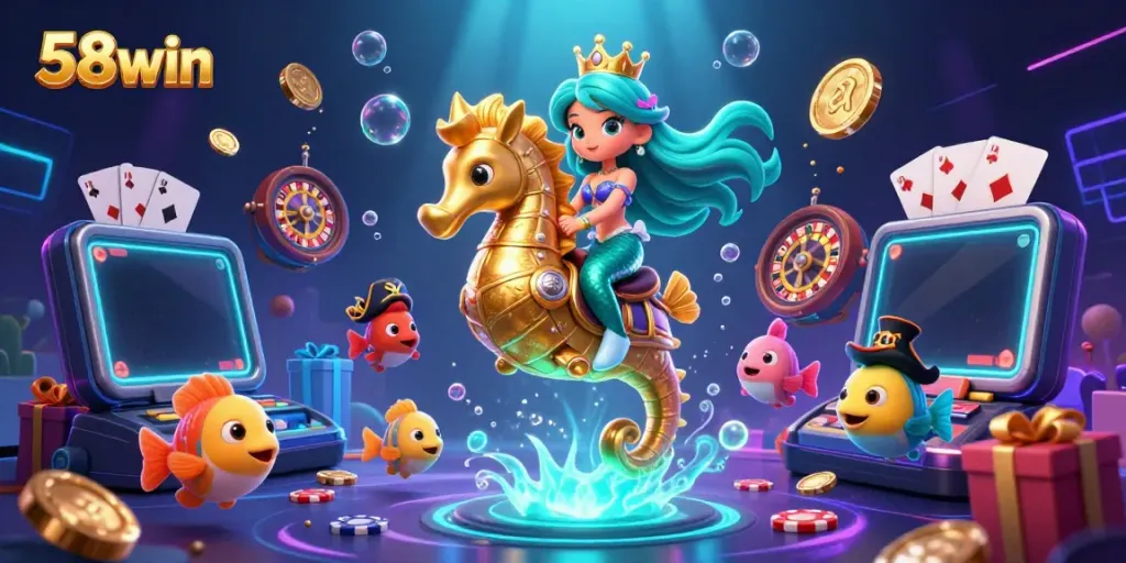 Experience thrilling adventures with 58win in this vibrant underwater casino scene featuring a mermaid and seahorse.