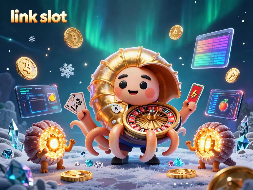 Permainan slot gacor dari link slot dengan simbol buah dan jackpot dalam ilustrasi 3D berwarna cerah.