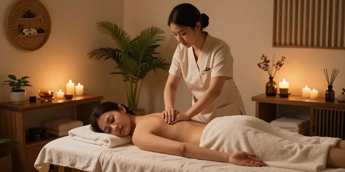 Relaxing 1인샵 massage scene with therapist providing Swedish massage in serene spa setting.