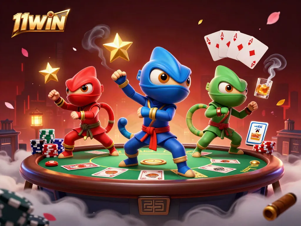 Engage in thrilling gaming action with 11WIN as chameleon ninjas perform dynamic moves around poker elements.